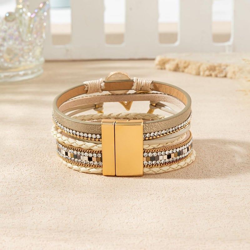 Rantanto Braid Leather Wrap Bracelet Trendy Stackable Crystal Cuff Boho Gold Heart Bracelet Jewelry Gift For Women - Image 5